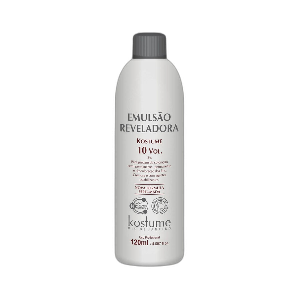 Emulsão Reveladora Kostume 10 Volumes 120ml embalagem branca com tampa cinza escura